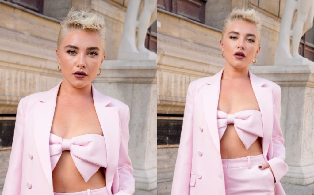 florence-pugh-thinks-pink-in-double-breasted-suit-at-valentino’s-spring-2024-show-during-paris-fashion week