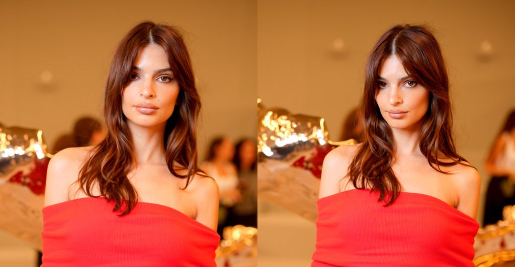 emily-ratajkowski-sees-red-in-knit-off-the-shoulder-dress-at-loewe’s-spring-2024-show-during-paris-fashion week
