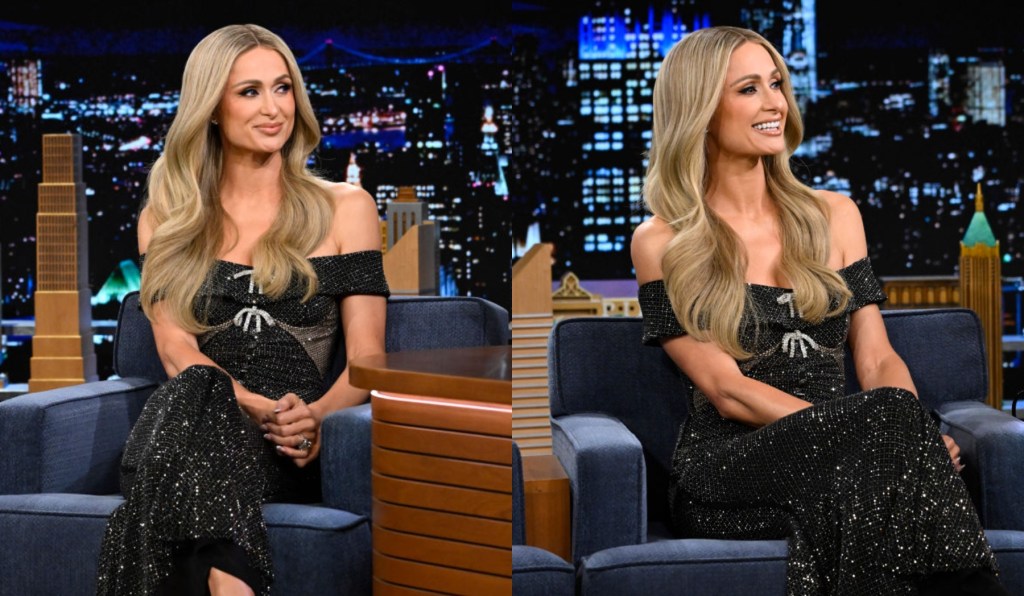 paris-hilton-sparkles-in-crystallized-off-the-shoulder-dress-by-self-portrait-on-‘the-tonight show’