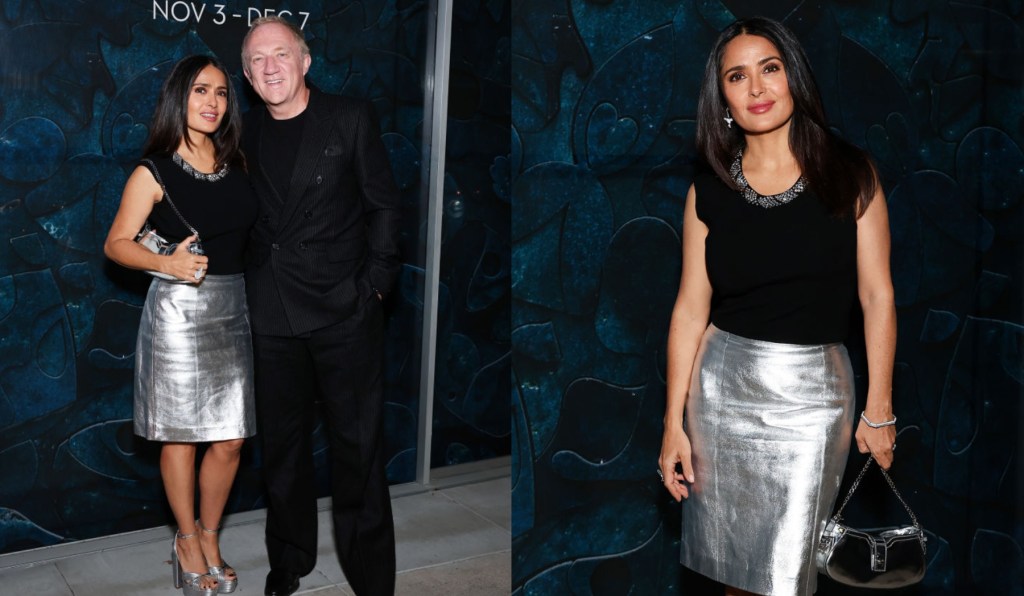salma-hayek-takes-on-metallic-fashion-in-silver-skirt-for-frequency-opening reception