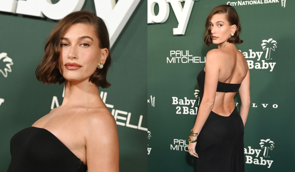 hailey-bieber-goes-minimalist-in-strapless-saint-laurent-dress-at-baby2baby gala