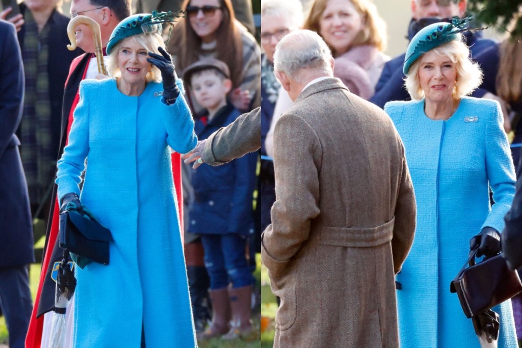 queen-camilla-coordinates-in-shades-of-blue-with-queen-elizabeth-ii’s-aquamarine-bar-brooch-for-new-year’s-eve-church-service-at sandringham