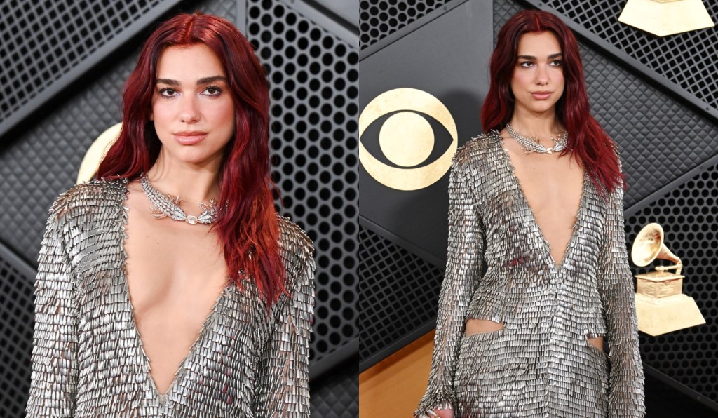 dua-lipa-shimmers-in-silver-courreges-dress-on-the-2024-grammys-red carpet