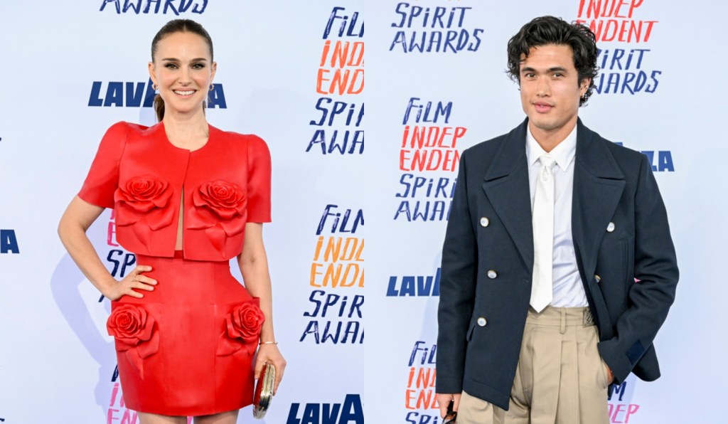 natalie-portman-blooms-in-3d-balmain-rosettes-and-charles-melton-channels-zoot-suit-style-in-louis-vuitton-for-independent-spirit-awards-2024-red carpet