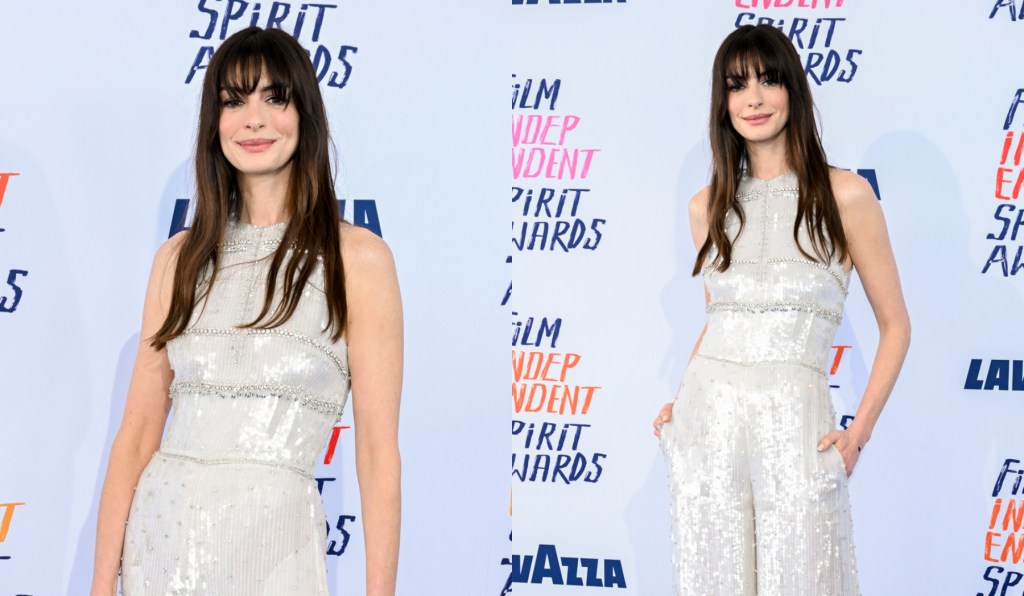 anne-hathaway-amplifies-two-fashion-trends-in-valentino-pantsuit-with-sparkling-sequins-at-independent-spirit-awards 2024