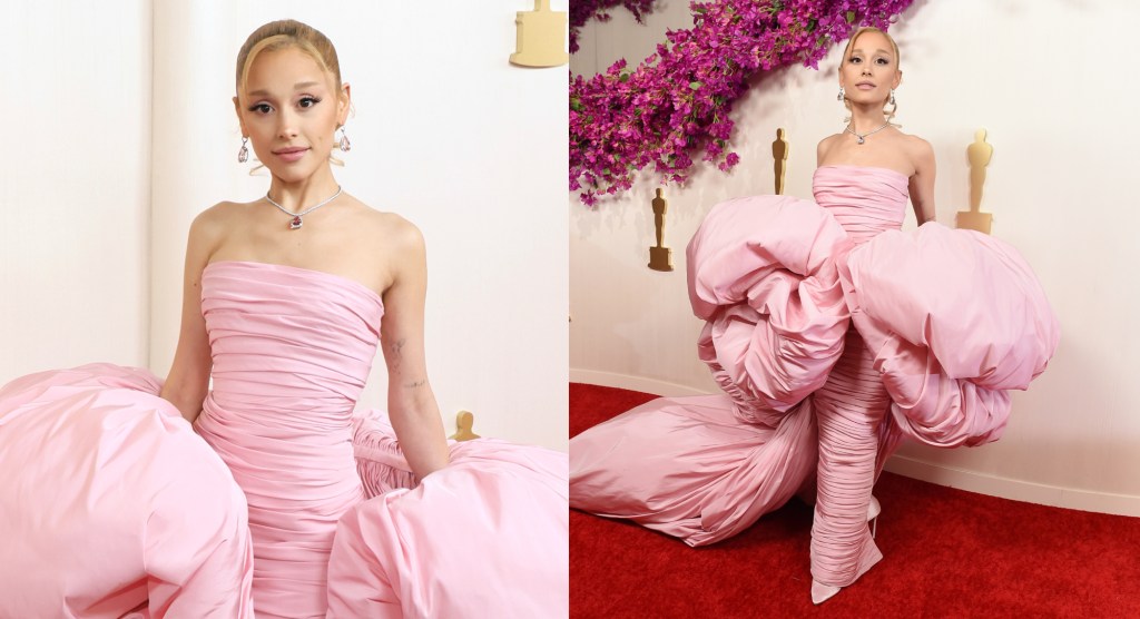 ariana-grande-gets-dramatic-at-oscars-in-pink-giambattista-valli-couture-dress-with-puff-sleeves-and-train-on-the-red carpet