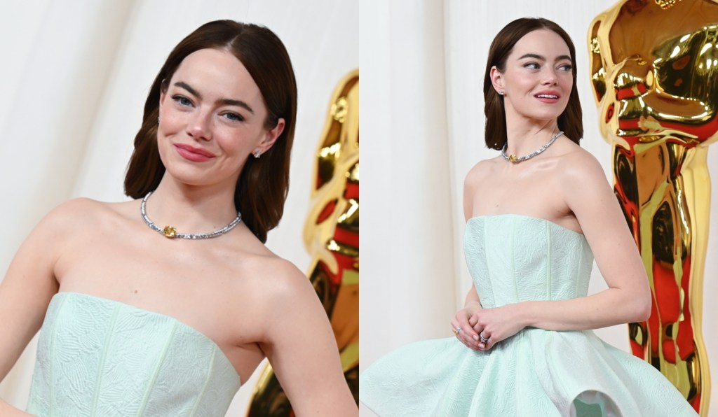 emma-stone-embraces-peplum-and-pastels-in-louis-vuitton-dress-for-oscars-2024-red carpet