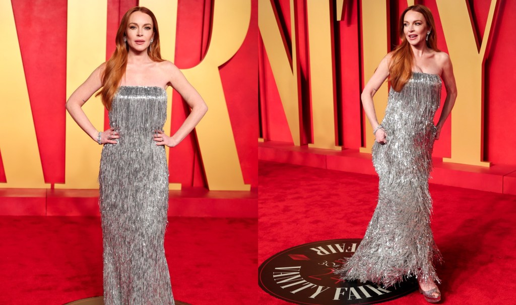 lindsay-lohan-shimmers-in-balenciaga-fringe-dress-on-the-vanity-fair-oscar-party-2024-red carpet