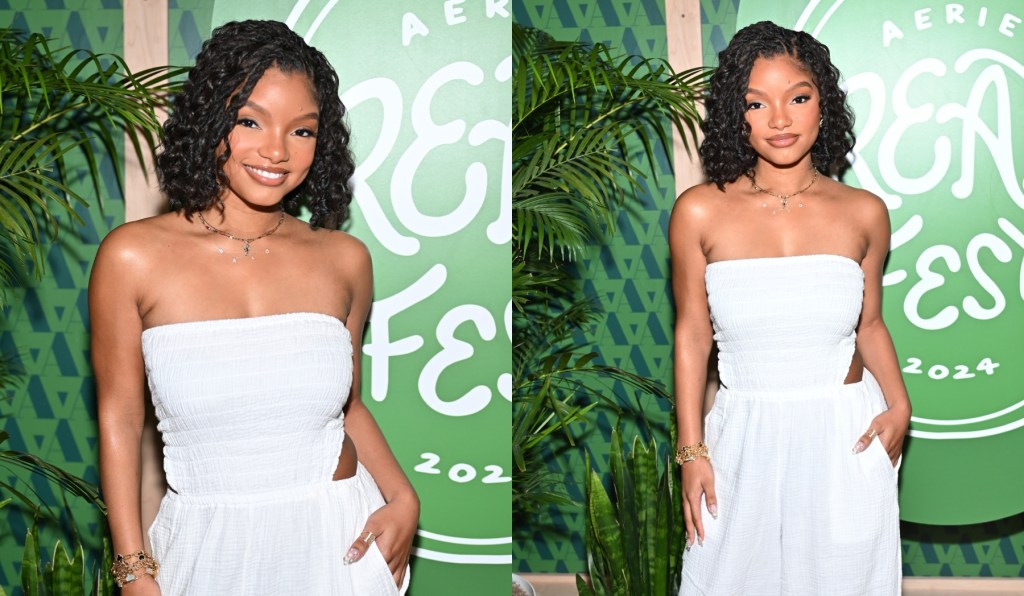 halle-bailey-goes-strapless-in-white-jumpsuit-for-aerie-real fest