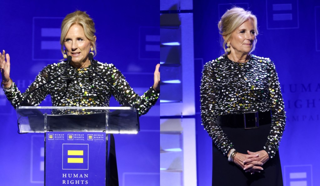 first-lady-jill-biden-sparkles-in-sequined-sergio-hudson-top-and-wide-leg-pants-at-human-rights-campaign dinner