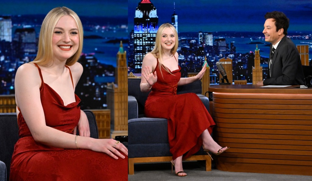 dakota-fanning-channels-the-red-trend-in-vintage-john-galliano-dress-on-‘the-tonight-show-starring-jimmy fallon’