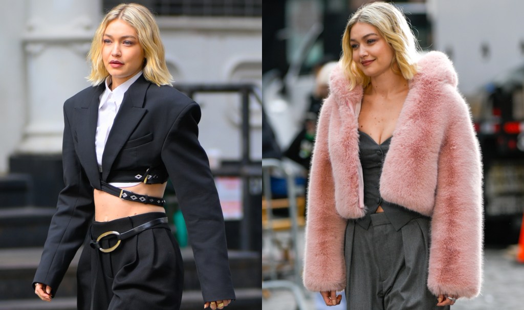 gigi-hadid-goes-edgy-and-soft-in-dion-lee-constrictor-crop-jacket-and-furry-pink-coat-in-new-maybelline shoot