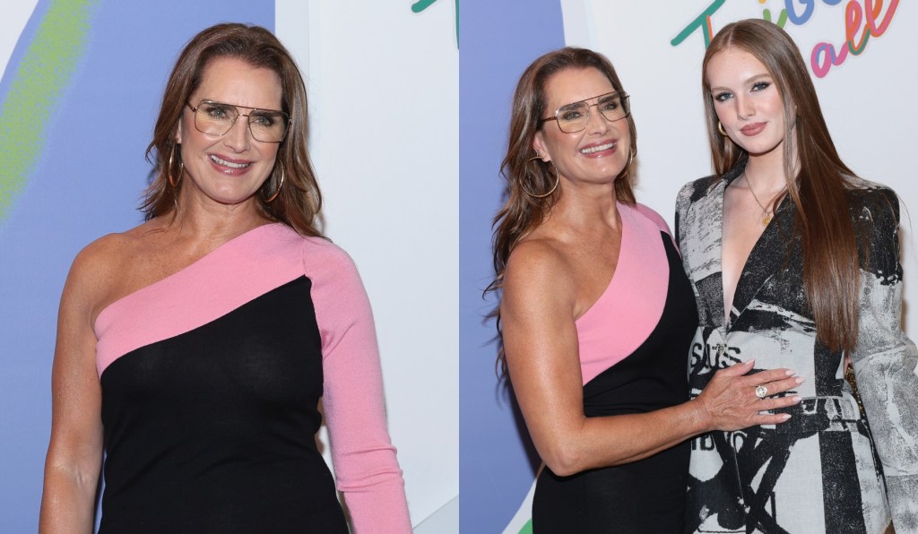 brooke-shields-pops-in-pink-color-block-victor-glemaud-dress-with-daughter-grier-hammond-henchy-for-tribeca ball