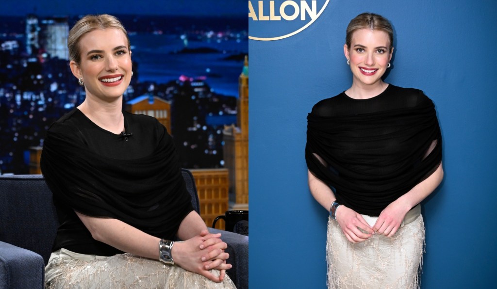 emma-roberts-channels-the-black-and-white-trend-in-christopher-esber-draped-top-and-lace-maxiskirt-on-‘tonight-show-starring-jimmy fallon’