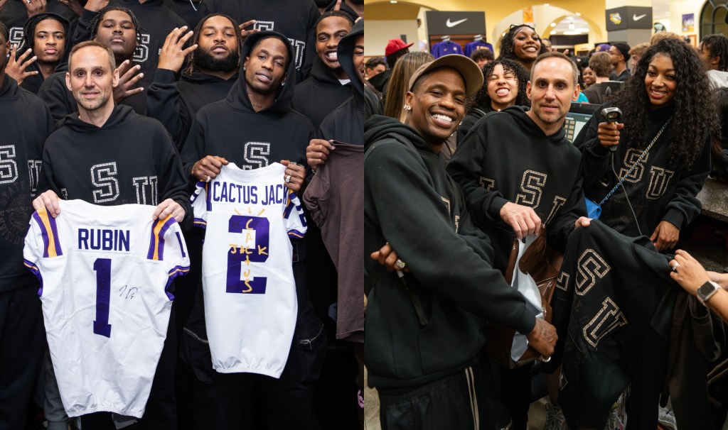 travis-scott-celebrates-launch-of-new-cactus-jack-college-merch-collaboration-with-lsu-football team