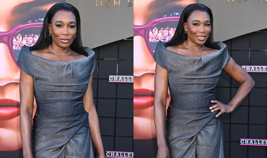 venus-williams-embraces-a-statement-neckline-with-textual-minidress-for-‘challengers’-premiere-red carpet