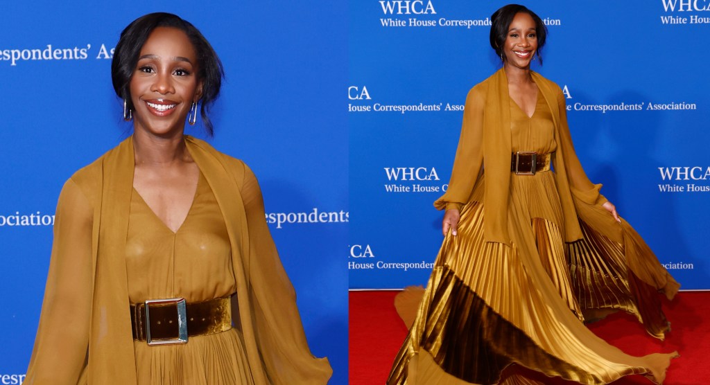 abby-phillip-flows-in-gold-pleated-dress-by-sergio-hudson-on-white-house-correspondents’-dinner-2024-red carpet