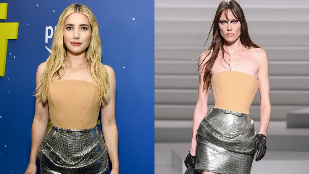 emma-roberts-embraces-contrasting-fabrics-in-strapless-versace-look-for-‘space-cadet’ premiere