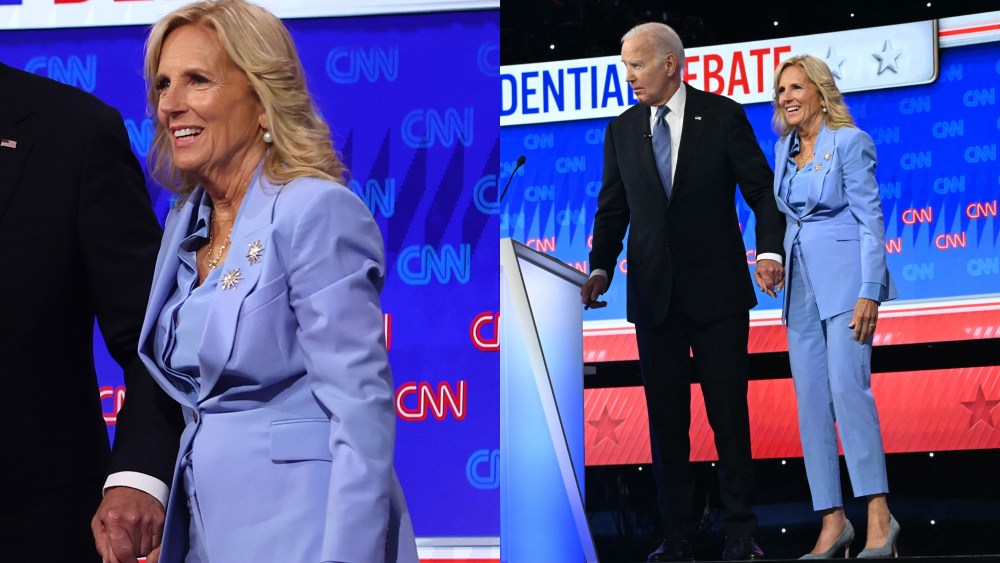 jill-biden-softens-power-suiting-in-monochrome-periwinkle-look-with-glittering-brooches-for-cnn-presidential debate