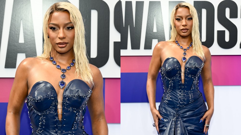 victoria-monet-puts-edgy-spin-on-red-carpet-glamour-in-navy-leather-dress-with-silver-embellishments-for-bet-awards 2024