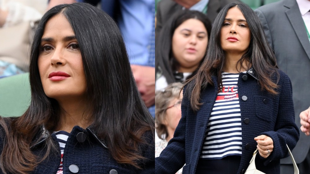 salma-hayek-flaunts-nautical-flairs-in-navy-tweed-gucci-jacket-and-graphic-striped-top-at-wimbledon-day seven