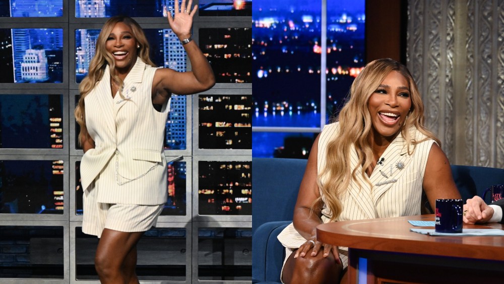 serena-williams-puts-a-pinstripe-spin-on-the-vest-trend-for-‘stephen-colbert’-appearance,-talks-‘in-the-arena:-serena-williams’-documentary series