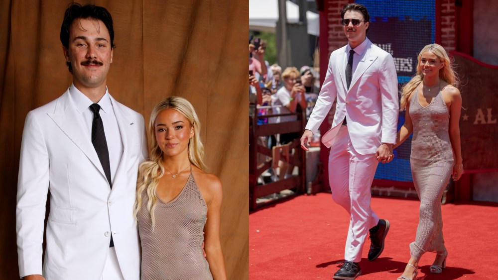 gymnast-livvy-dunne-marries-mesh-trend-with-crystal-embellishments-in-body-con-dress-with-paul-skenes-for-mlb-2024-all-star-red-carpet show