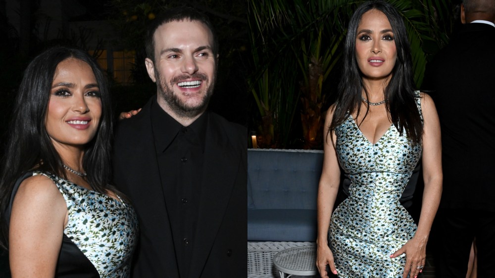 salma-hayek-enlivens-exaggerated-cinched-waist-with-gucci-‘optical-illusion’-dress-at-miley-cyrus’-flora-fragrance party