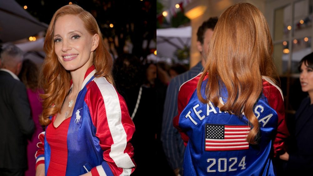 jessica-chastain-flaunts-patriotic-flairs-in-red,-white-and-blue-satin-bomber-jacket-for-an-evening-at-ralph’s-during-the-2024-paris olympics