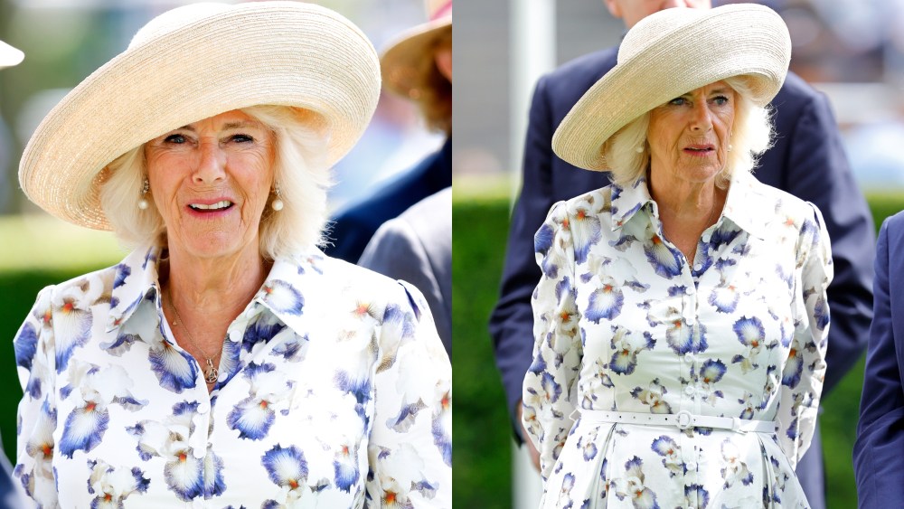 queen-camilla-debuts-suzannah-london-shirtdress-with-maximalist-floral-prints-for-king-george-day-at-ascot racecourse