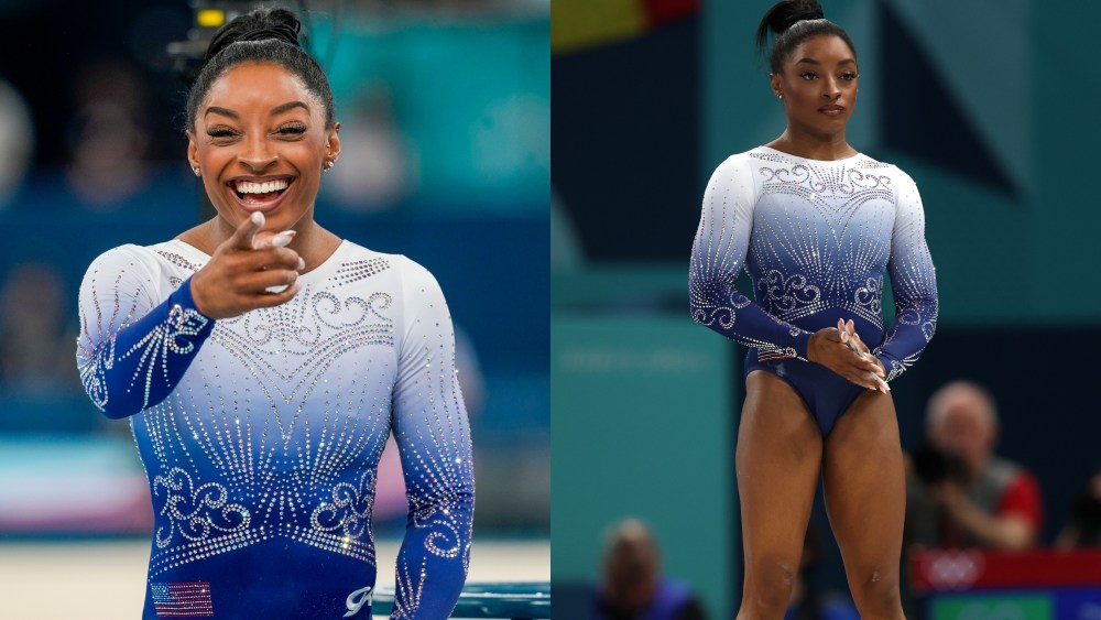 simone-biles-wears-an-‘american-anthem’-leotard-for-gymnastics-women’s-balance-beam-final,-wins-silver-medal-in-ombre-red-uniform-for-floor-exercise-final-at-2024-paris olympics