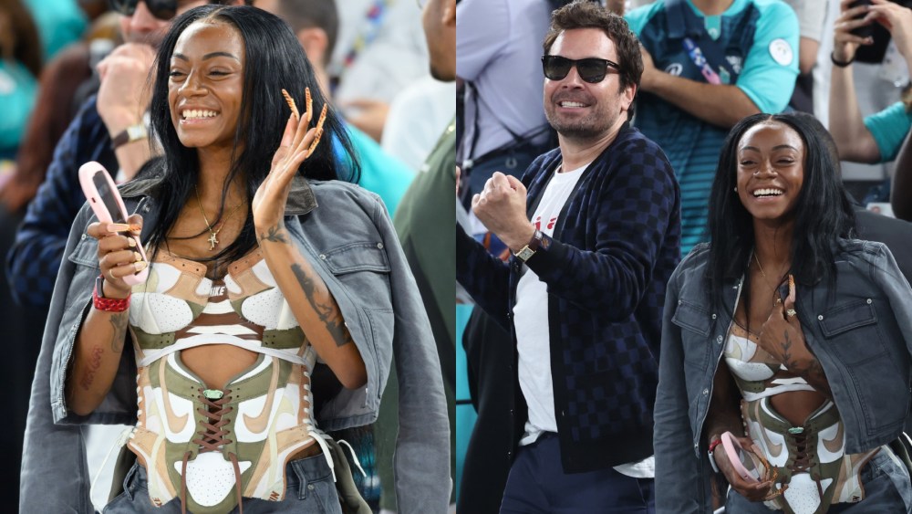 sha’carri-richardson-wears-custom-nike-dunk-corset-at-team-usa-basketball’s-gold-medal-winning-match-with-jimmy-fallon-during-the-2024-paris olympics