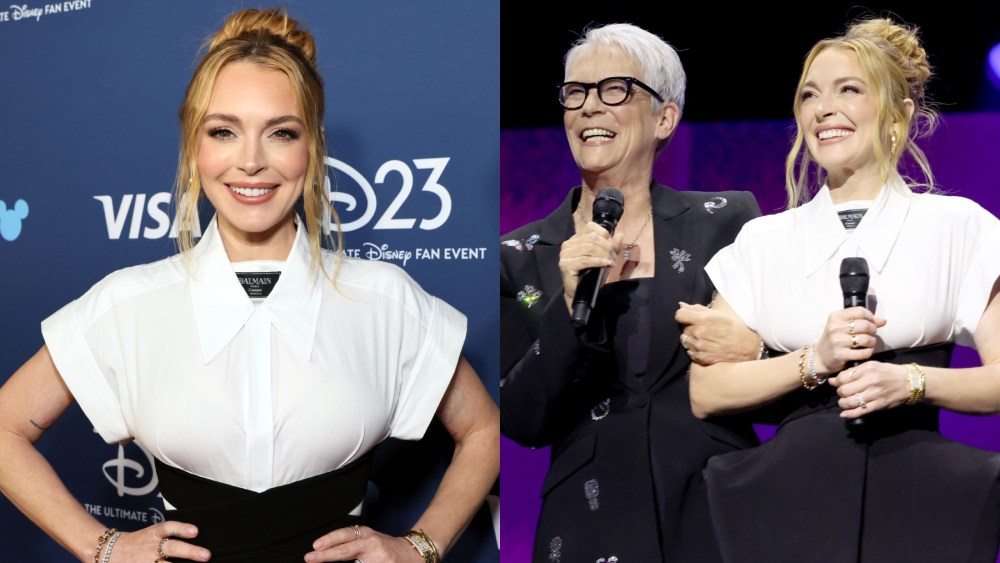 lindsay-lohan-puts-avant-garde-spin-on-workwear-in-balmain-minidress-at-d23-with-jamie-lee-curtis-to-promote-‘freaky-friday’ sequel