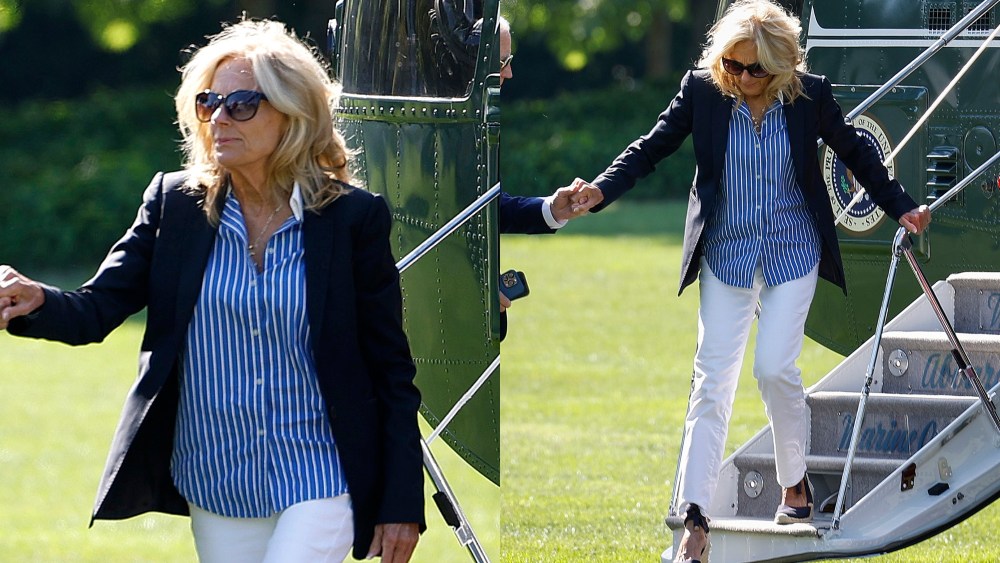 jill-biden-gives-power-suiting-a-summery-spin-in-pin-striped-white-and-blue-shirt-after-weekend-trip-to-delaware-with-president-joe biden