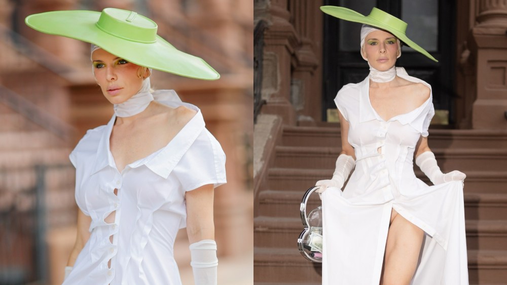 julia-fox-puts-avant-garde-spin-on-zac-posen’s-gap-shirtdress-with-‘brat’-green-hat-in-new york