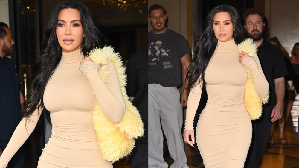 kim-kardashian-embraces-neutral-hues-in-beige-body-con-dress-and-shearling-butter-yellow-erl-purse-in-new york