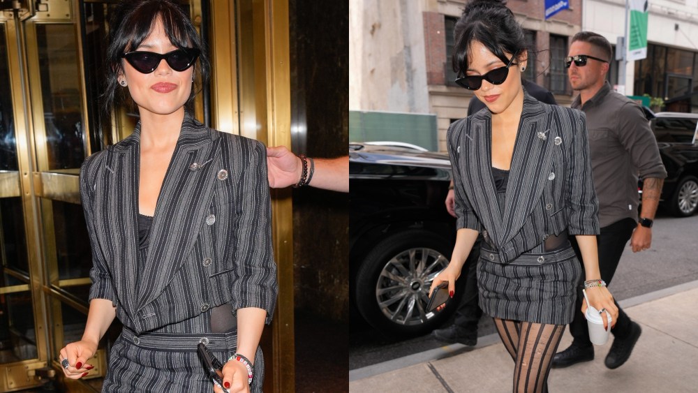 jenna-ortega-continues-her-method-dressing-streak-for-‘beetlejuice-beetlejuice’-in-striped-vivienne-westwood-miniskirt suit