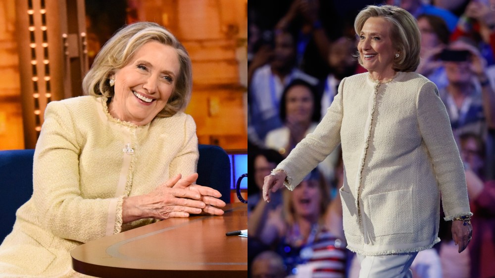 hillary-clinton-favors-textural-details-in-tweed-suit-for-‘stephen-colbert’-and-night-one-of-democratic-national-convention,-says-‘the-future-is-here’-in speech