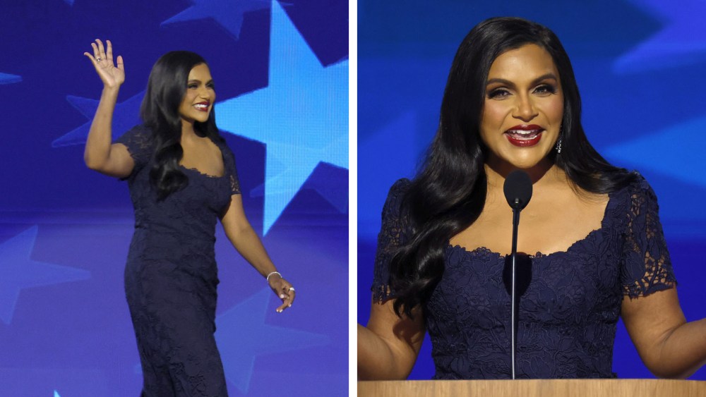 mindy-kaling-brings-laughs-and-lace-in-monique-lhuillier’s-night-sky-guipure-dress,-talks-cooking-with-kamala-harris-at-2024-democratic-national convention