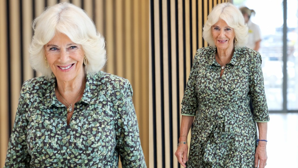 queen-camilla-favors-botanical-inspiration-in-fiona-clare-dress-for-royal-visit-to-cancer center