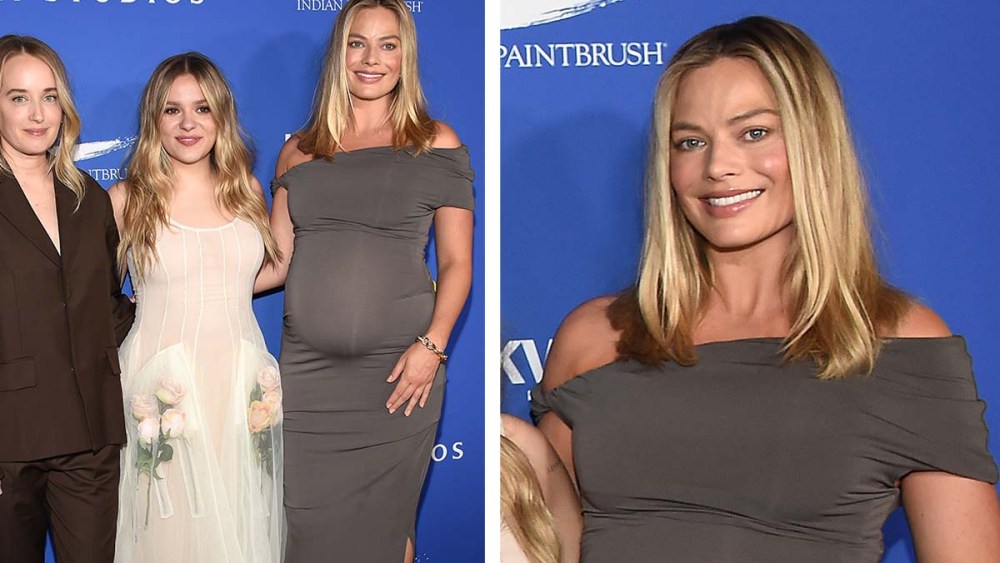 pregnant-margot-robbie-favors-contemporary-maternity-style-in-twisted-shoulder-bodycon-dress-at-‘my-old-ass’-screening-with-husband-tom ackerley