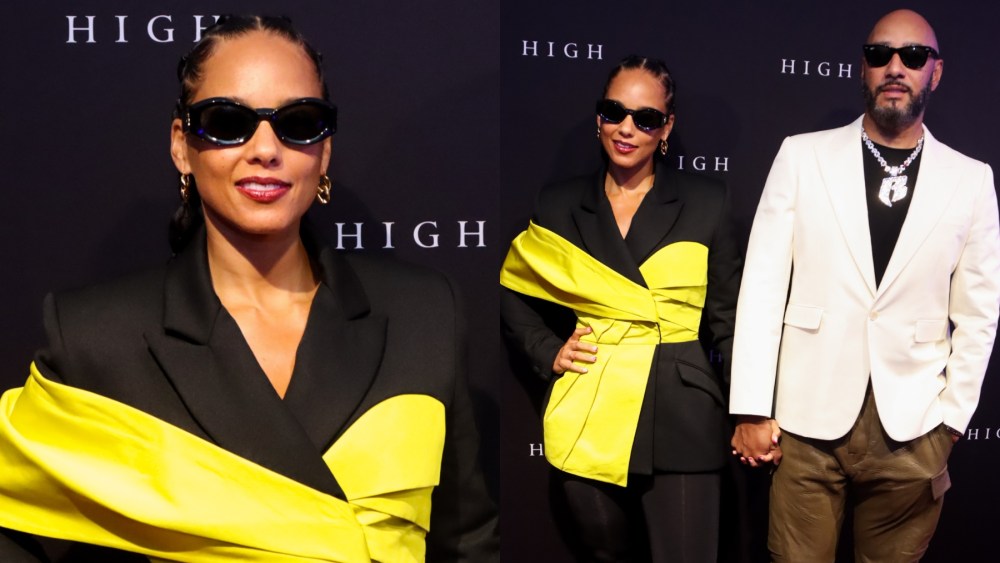 alicia-keys-suits-up-in-black-and-yellow-safiyaa-blazer-for-‘giants’-art-exhibit-opening-with-swizz-beats-in atlanta