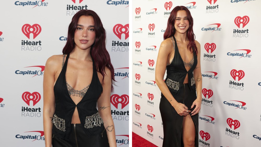 dua-lipa-goes-vintage-in-ann-demeulemeester-with-waistcoat,-bedazzled-bralette-and-zippered-skirt-for-iheartradio-music-festival-2024-red carpet