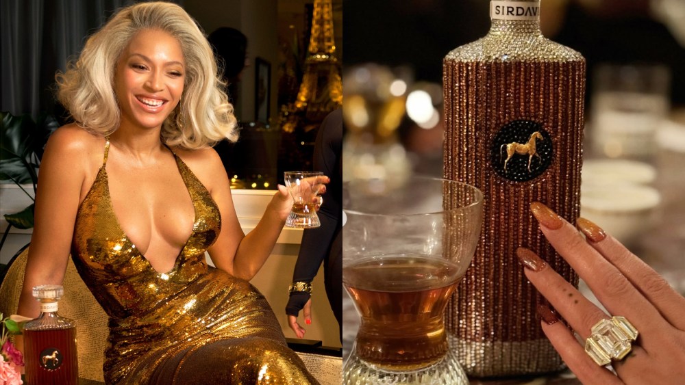 beyonce-glitters-in-gold-gucci-dress-for-sirdavis-paris-event,-accessorizes-with-bedazzled-whiskey-bottle purse