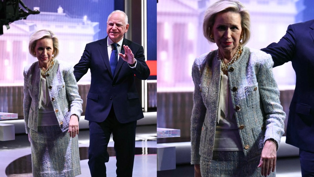 tim-walz’s-wife-gwen-favors-tweed-in-classic-skirt-suit-and-statement-jewelry-for-vice-presidential debate