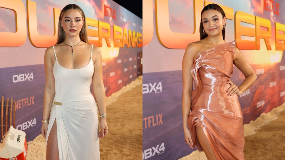 madelyn-cline-wraps-up-in-‘easy-breezy’-tommy-hilfiger-dress,-madison-bailey-favors-liquid-looks-and-more-cast-at-‘outer-banks’-season-four-red carpet