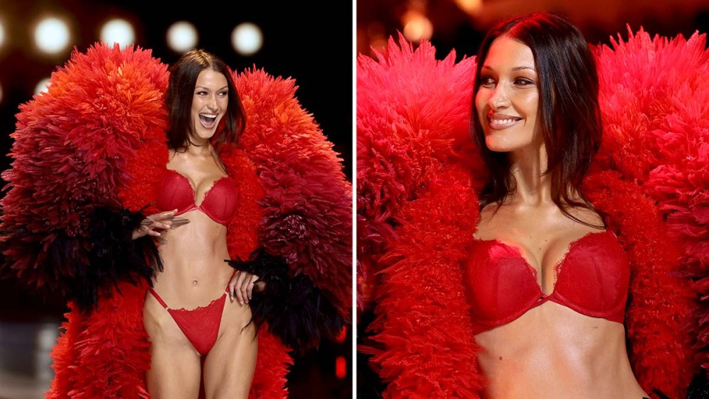 bella-hadid-makes-a-fiery,-surprise-appearance-on-the-runway-for-2024-victoria’s-secret-fashion-show-in-red-hot look