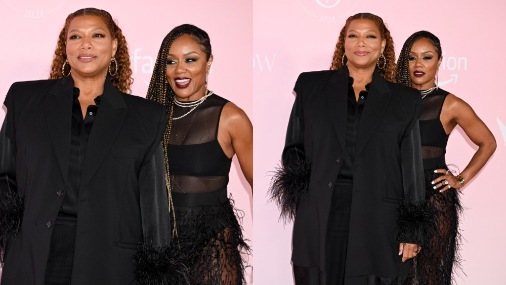 queen-latifah-and-eboni-nichols-embrace-matching-couple-style-with-feathered-details-for-victoria’s-secret-fashion-show-2024-red carpet