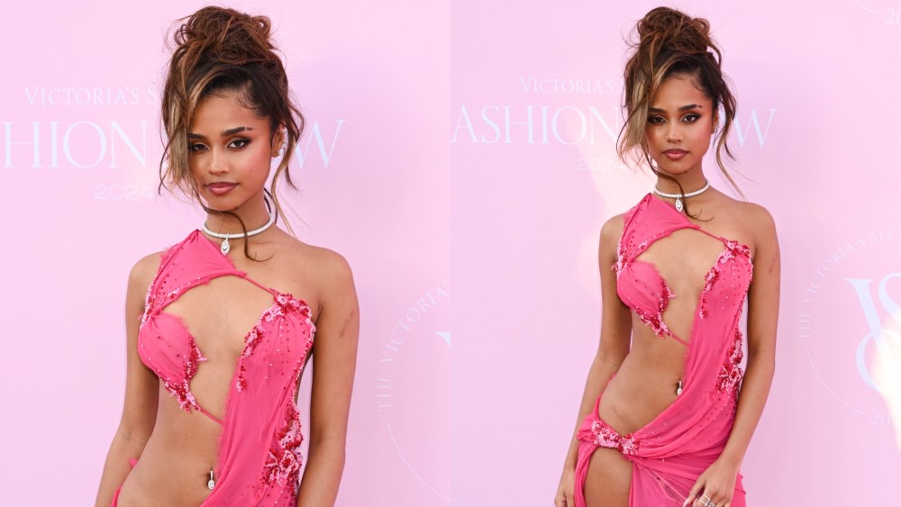 tyla-embraces-dramatic-cutouts-in-pink-salih-balta-dress-for-victoria’s-secret-fashion-show-2024-red carpet