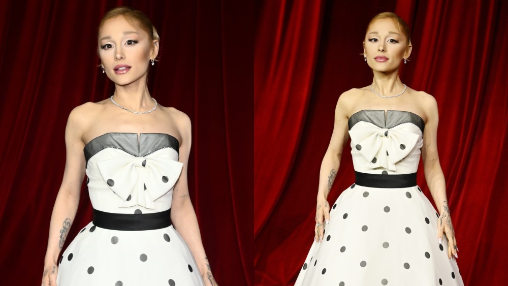 ariana-grande-embraces-retro-inspiration-in-strapless-polka-dot-balmain-gown-at-2024-academy-museum gala